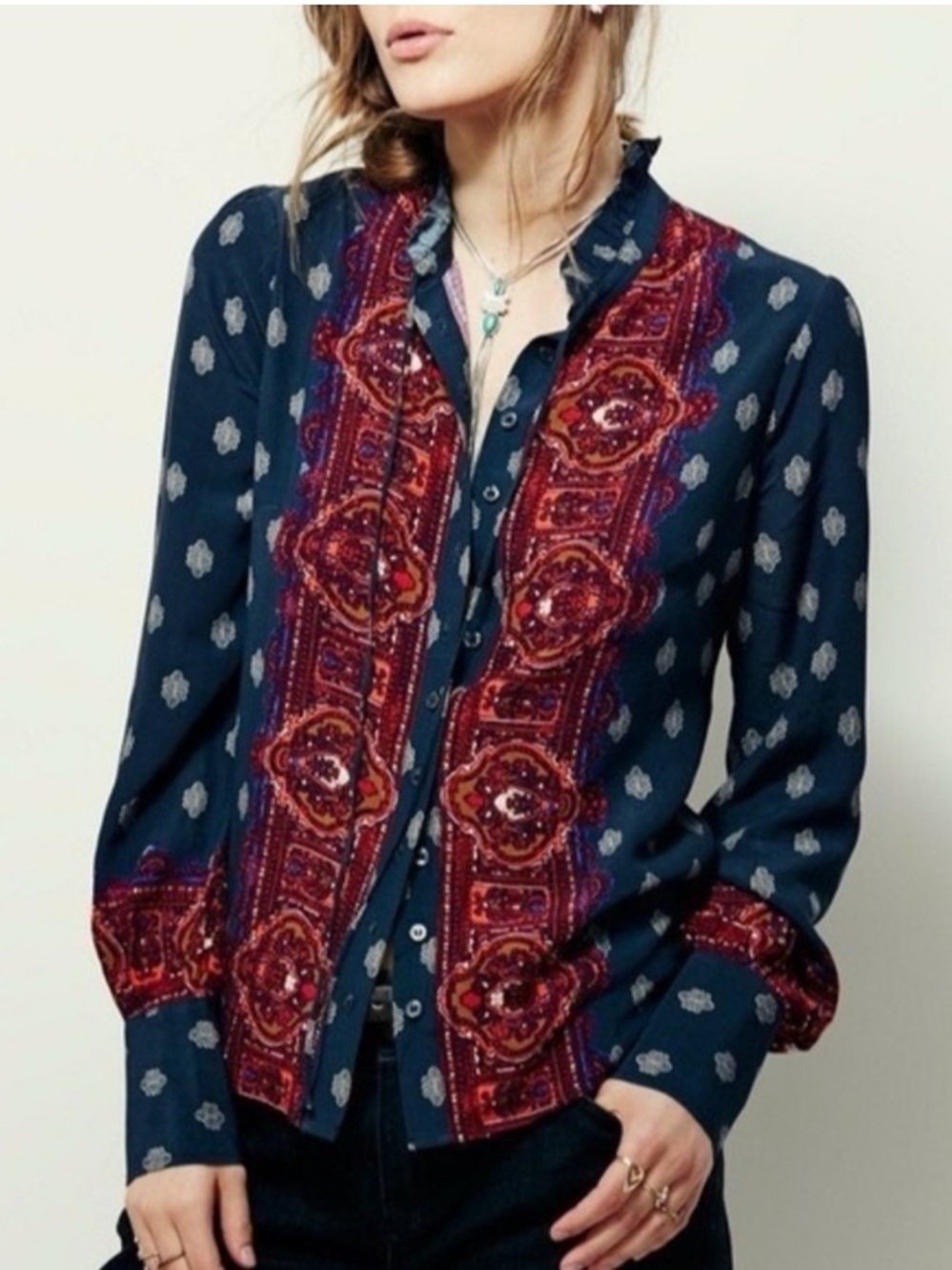 Free People Wishing Well Button Up Paisley Blouse Navy & Red
